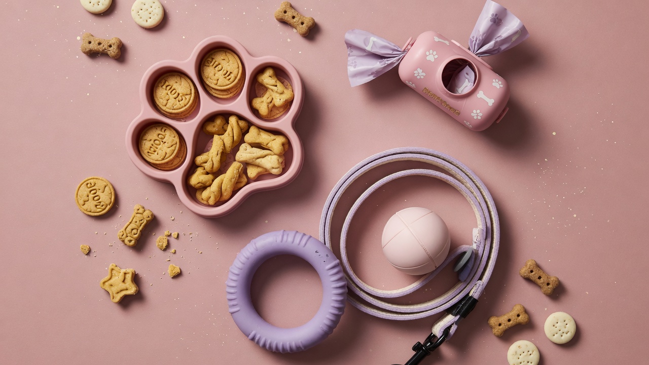 Soft pink dog accessory flat-lay