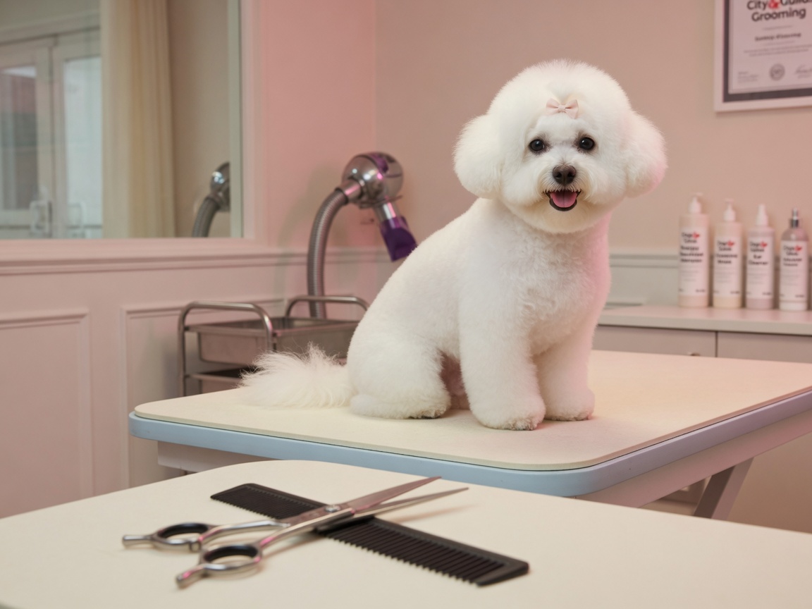 Freshly groomed dog on the salon table — professional dog grooming